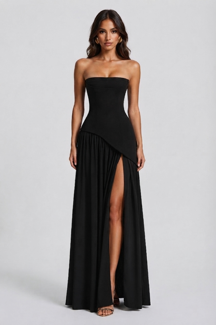 Women's Draped Corset Evening Gown with Side Slit - Black