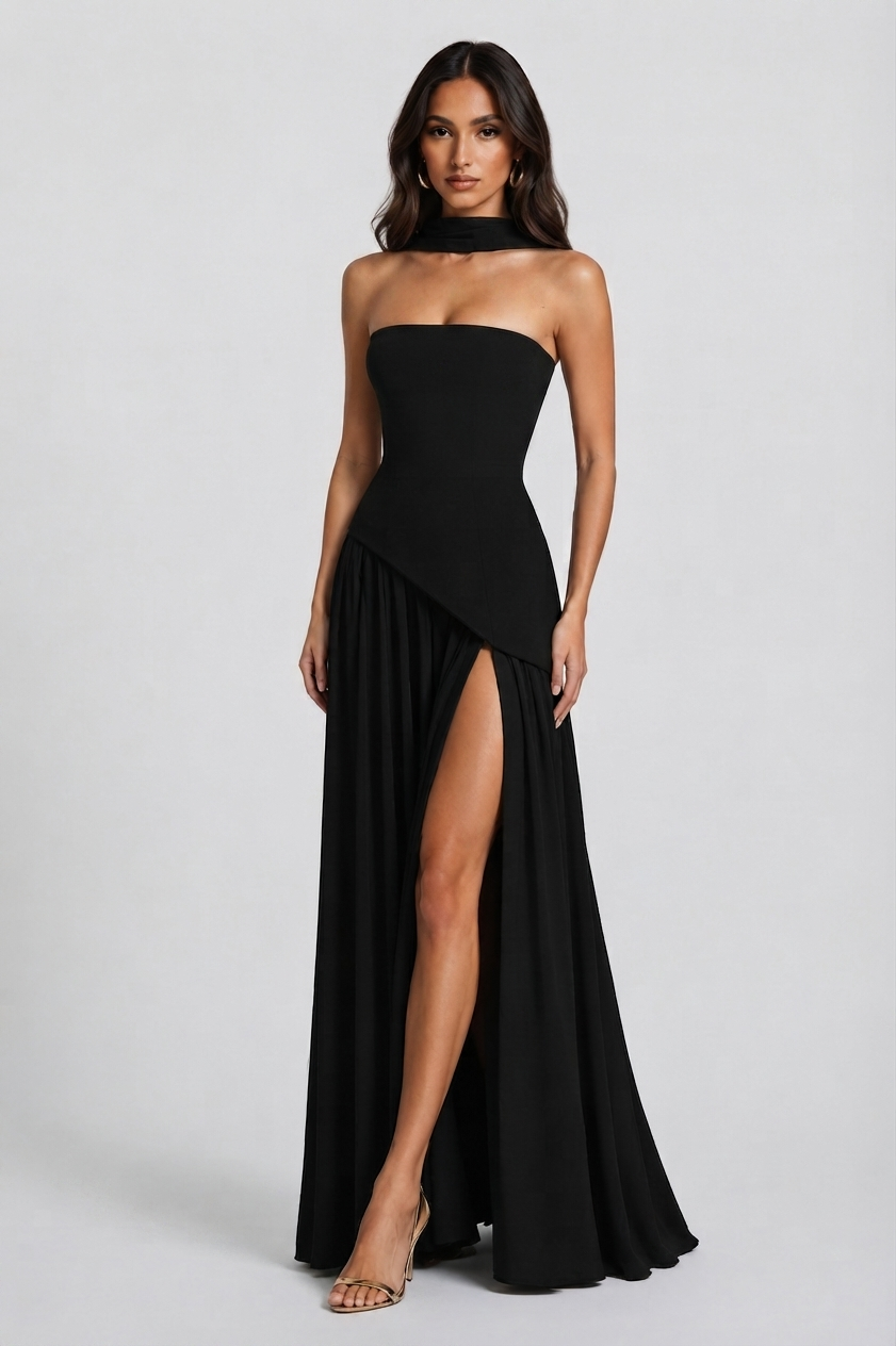 Women's Draped Corset Evening Gown with Side Slit