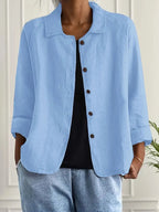 Women's Long Sleeve Button-Up Linen Jacket - Light Blue