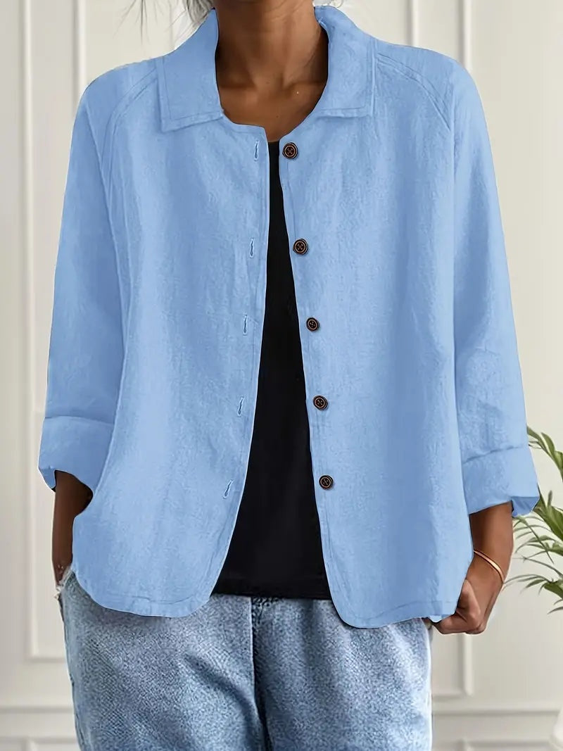 Women's Long Sleeve Button-Up Linen Jacket - Light Blue