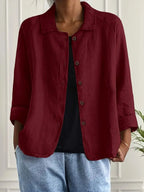Women's Long Sleeve Button-Up Linen Jacket - Crimson