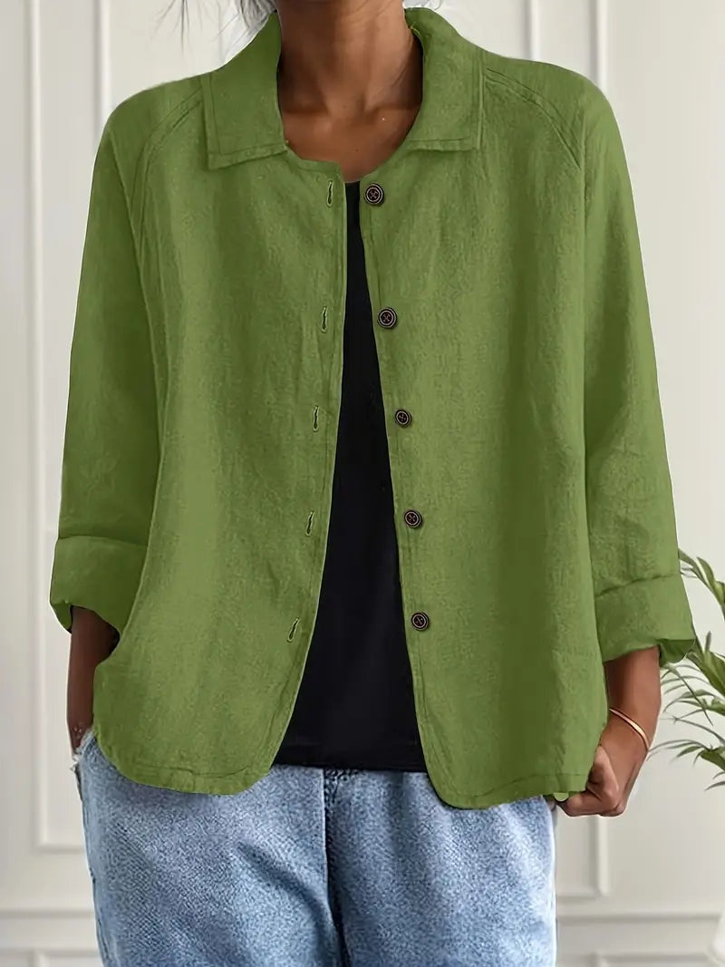 Women's Long Sleeve Button-Up Linen Jacket - Green