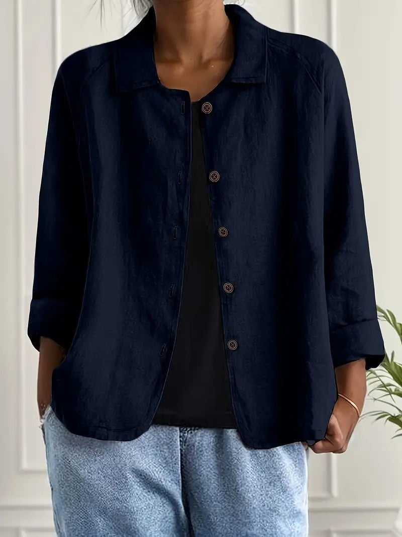 Women's Long Sleeve Button-Up Linen Jacket - Navy Blue