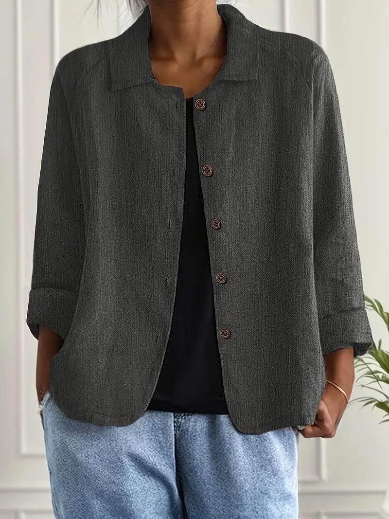 Women's Long Sleeve Button-Up Linen Jacket - Dark Gray