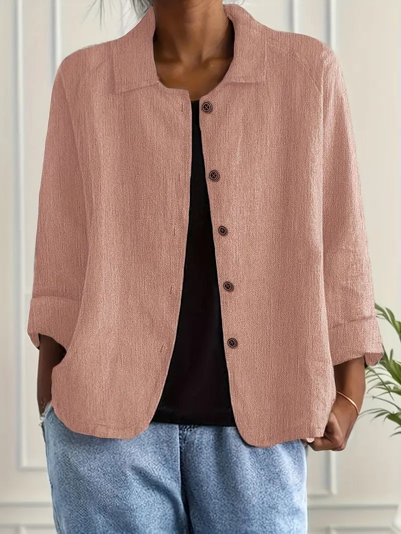 Women's Long Sleeve Button-Up Linen Jacket - Pink