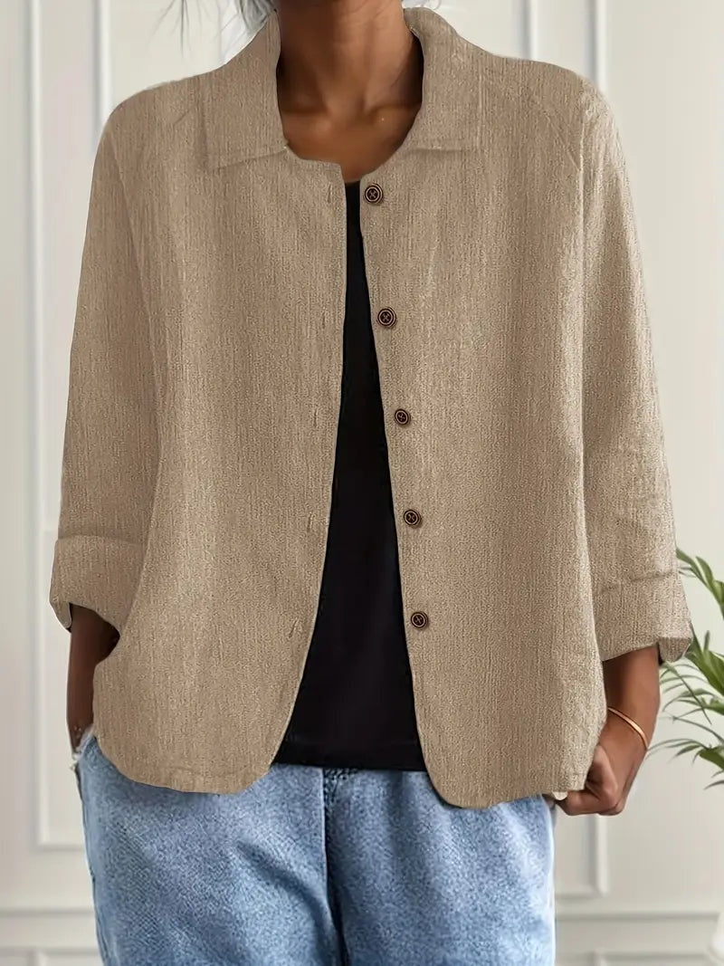 Women's Long Sleeve Button-Up Linen Jacket - Khaki