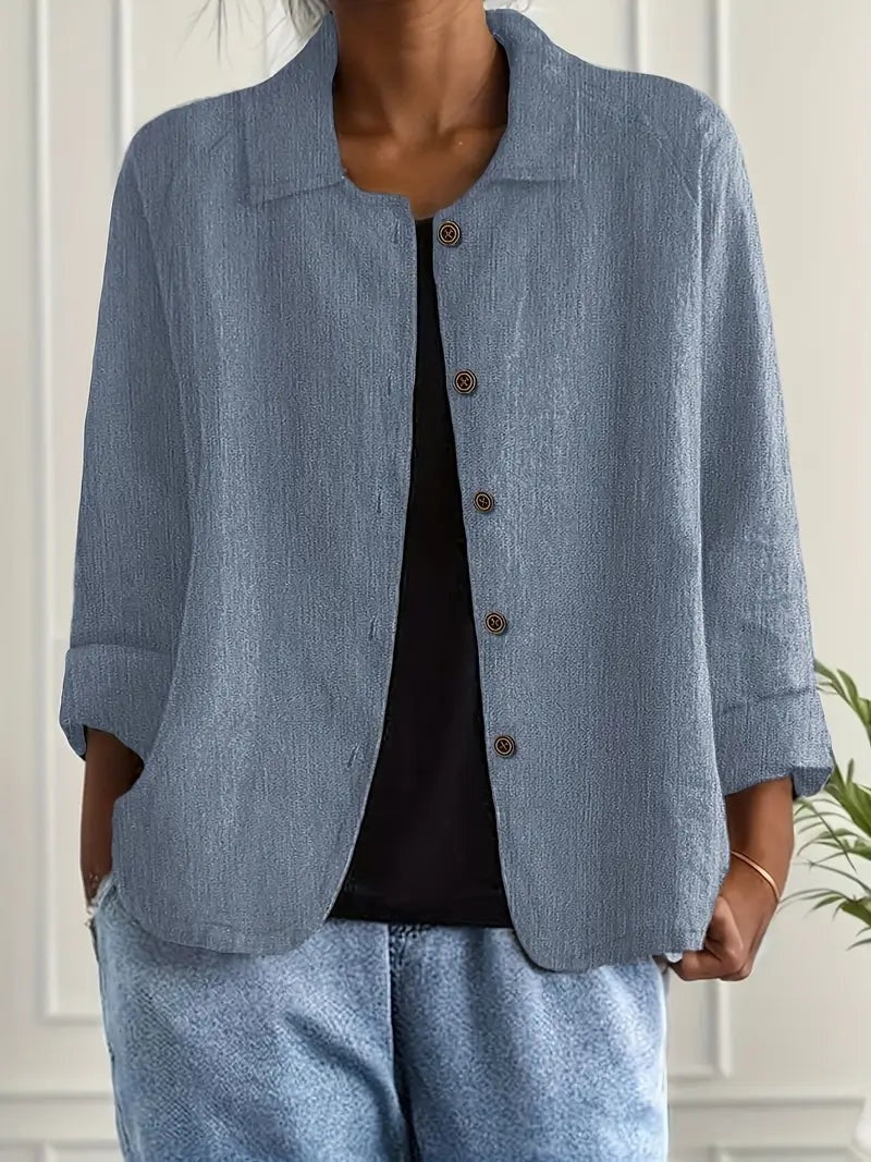 Women's Long Sleeve Button-Up Linen Jacket - Blue