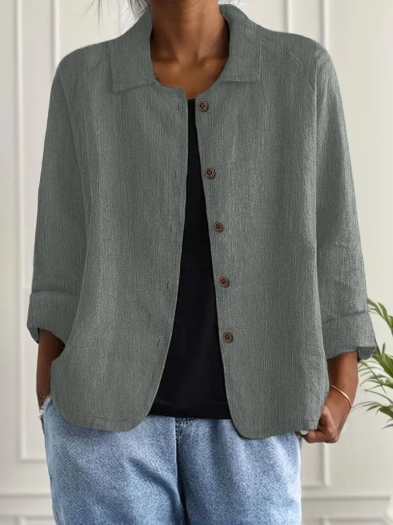 Women's Long Sleeve Button-Up Linen Jacket - Gray