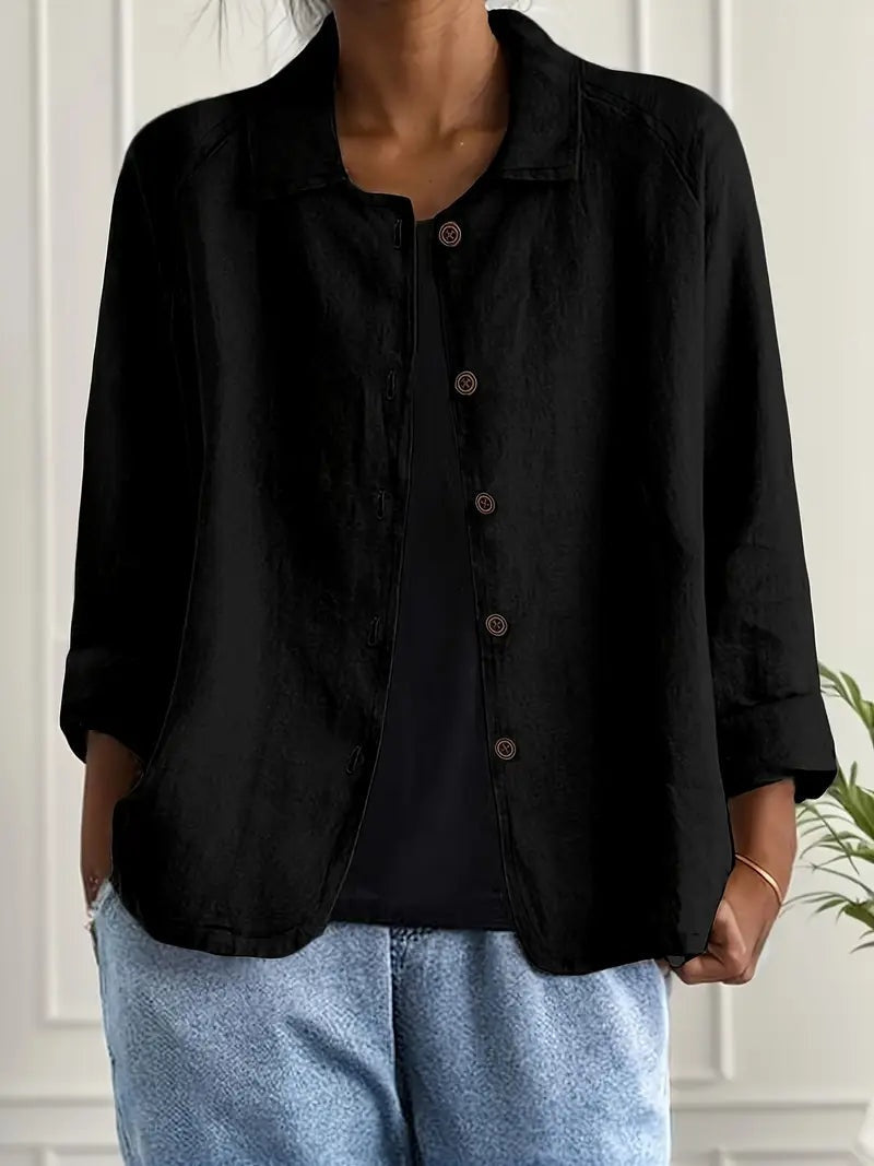 Women's Long Sleeve Button-Up Linen Jacket - Black