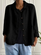 Women's Long Sleeve Button-Up Linen Jacket - Black