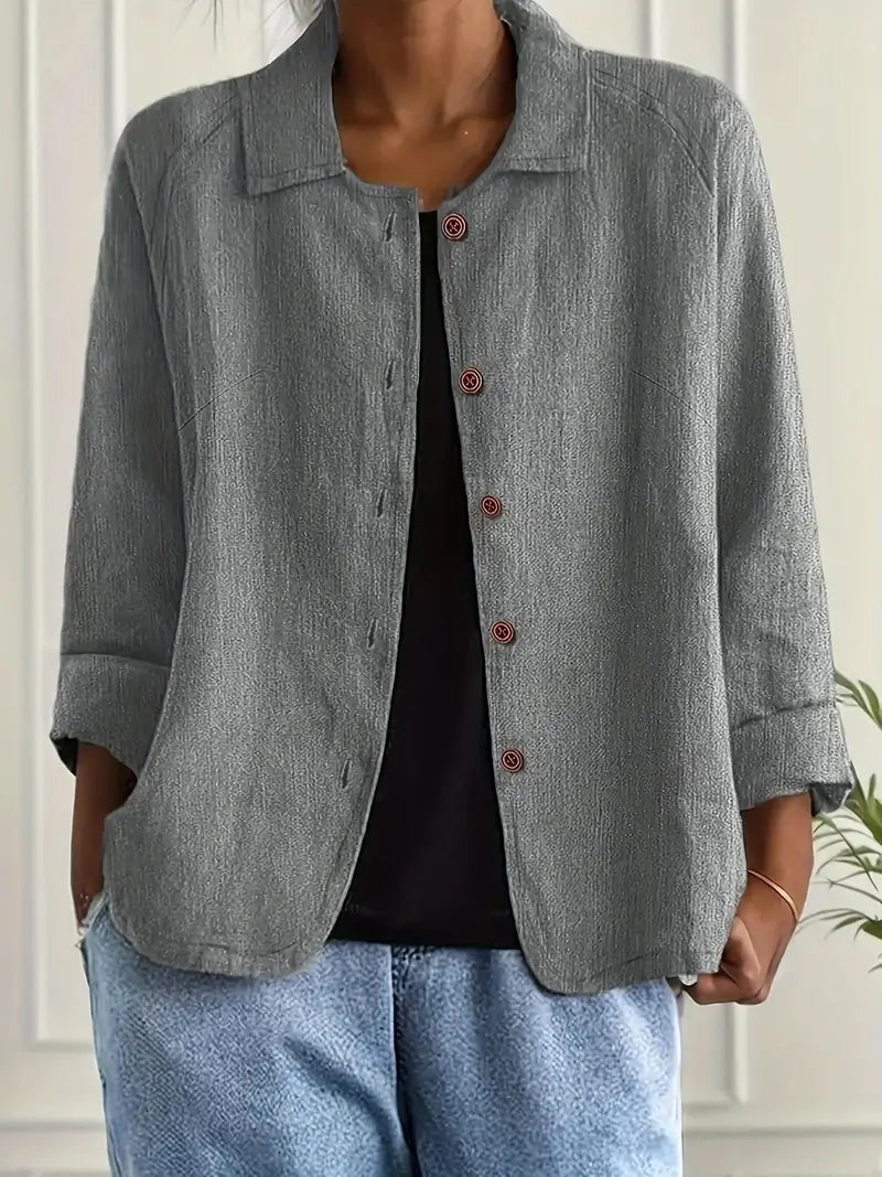 Women's Long Sleeve Button-Up Linen Jacket - Light Gray