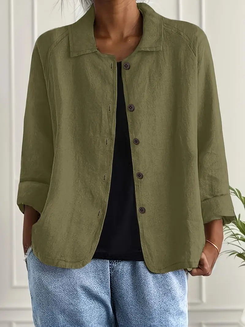 Women's Long Sleeve Button-Up Linen Jacket - Olive