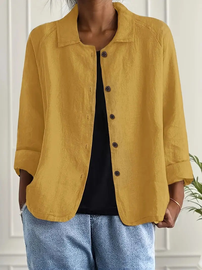 Women's Long Sleeve Button-Up Linen Jacket - Yellow