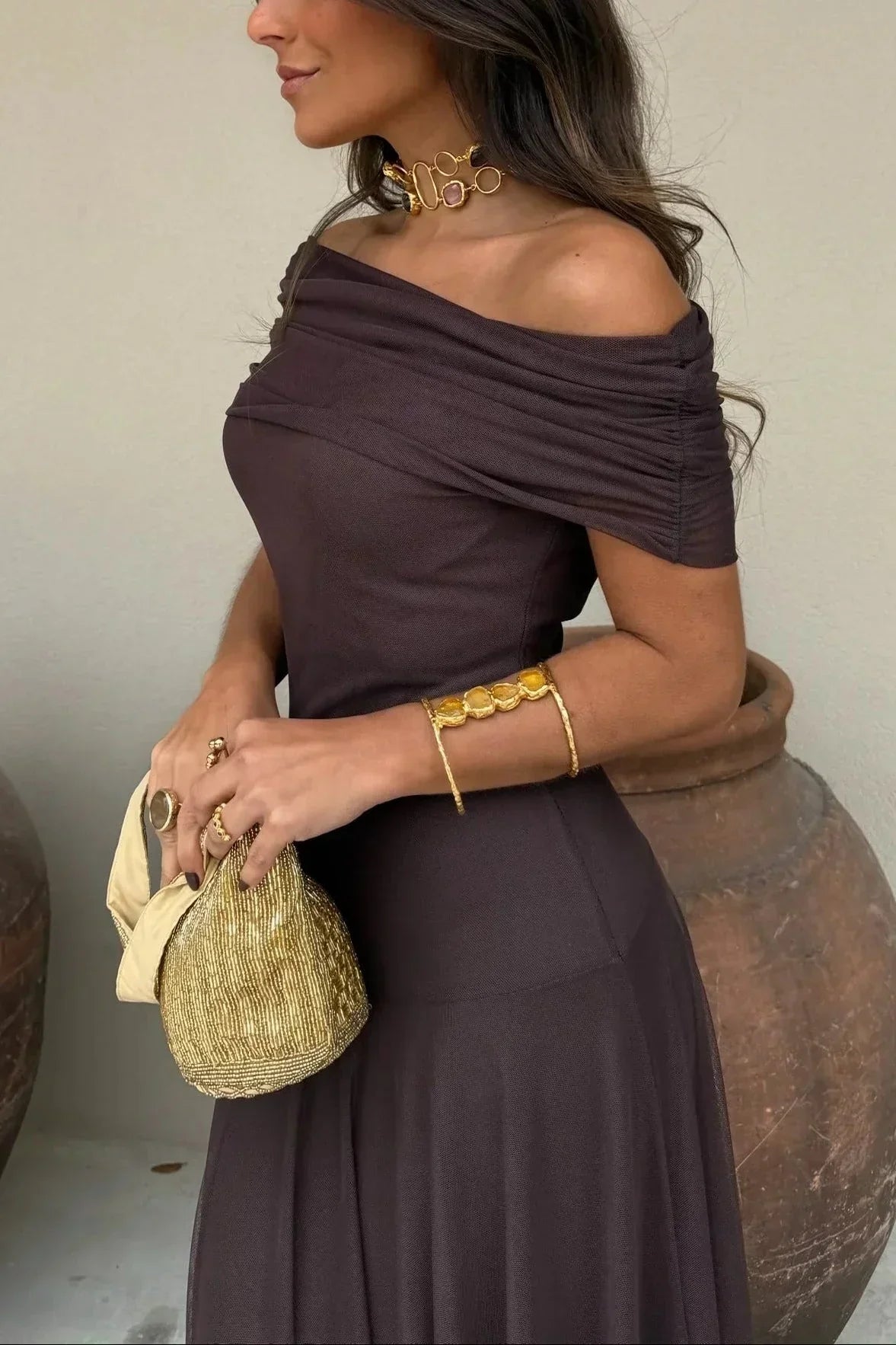 Women's Pleated One-Shoulder Maxi Wedding Guest Dress