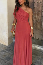 Women's Pleated One-Shoulder Maxi Wedding Guest Dress