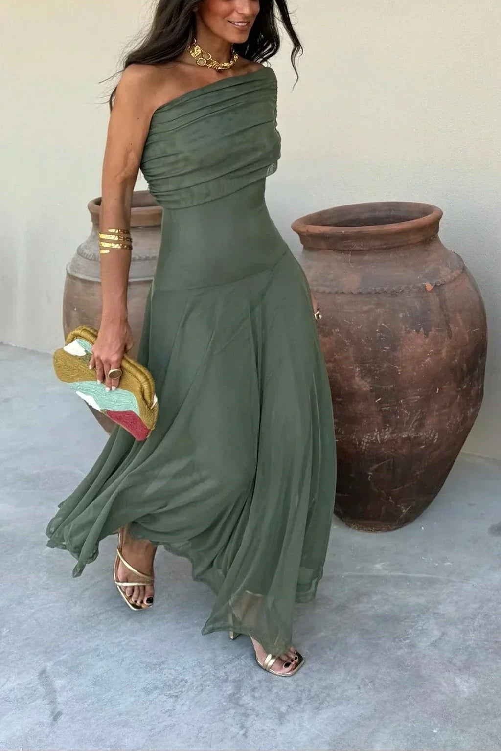 Women's Pleated One-Shoulder Maxi Wedding Guest Dress