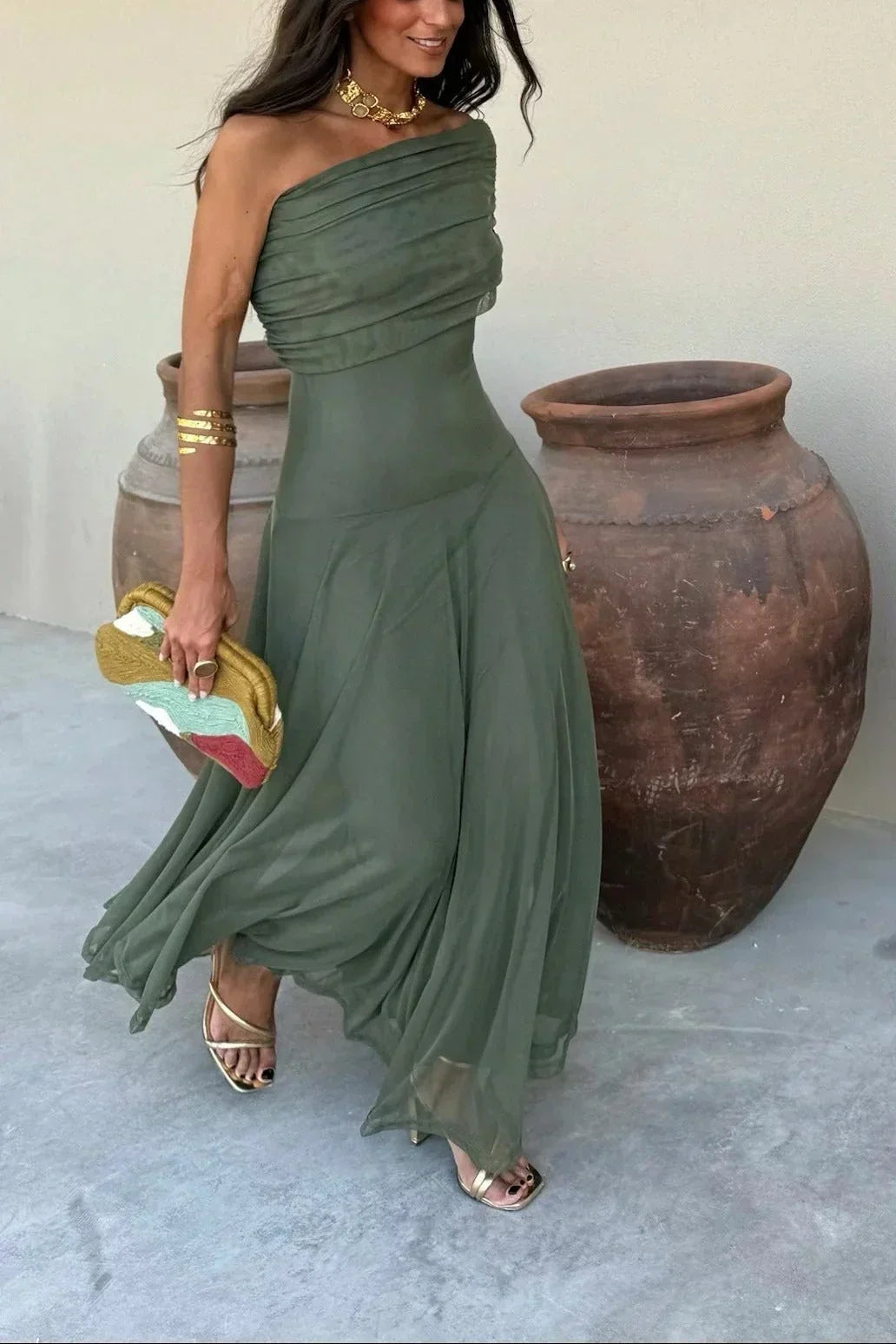 Women's Pleated One-Shoulder Maxi Wedding Guest Dress