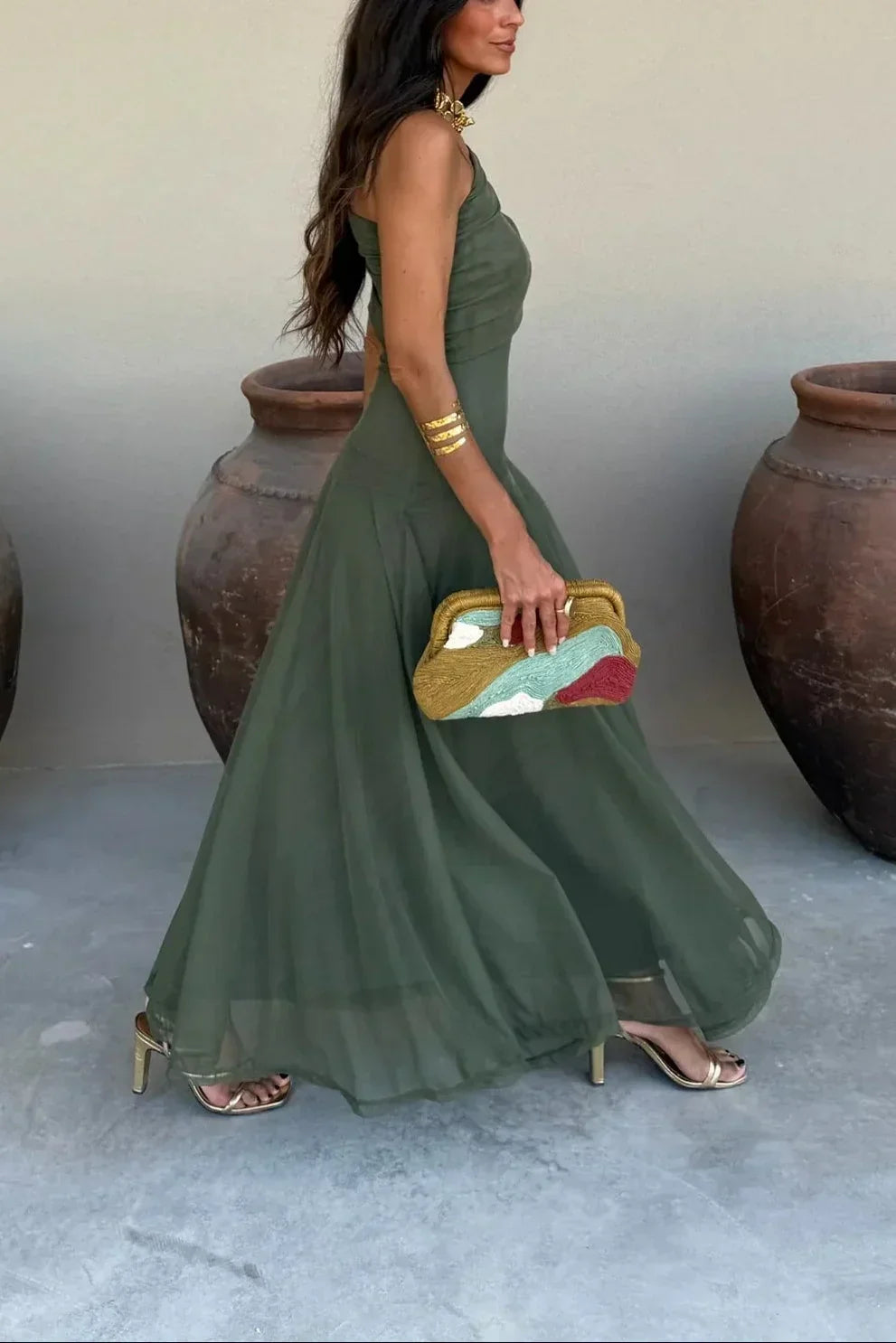 Women's Pleated One-Shoulder Maxi Wedding Guest Dress