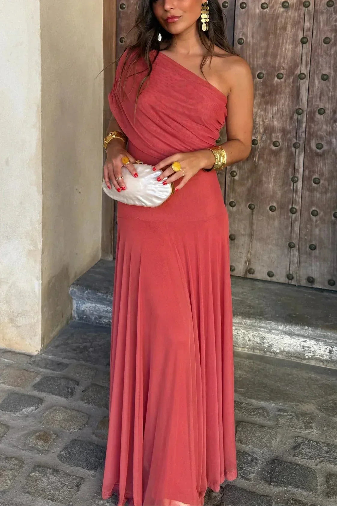 Women's Pleated One-Shoulder Maxi Wedding Guest Dress