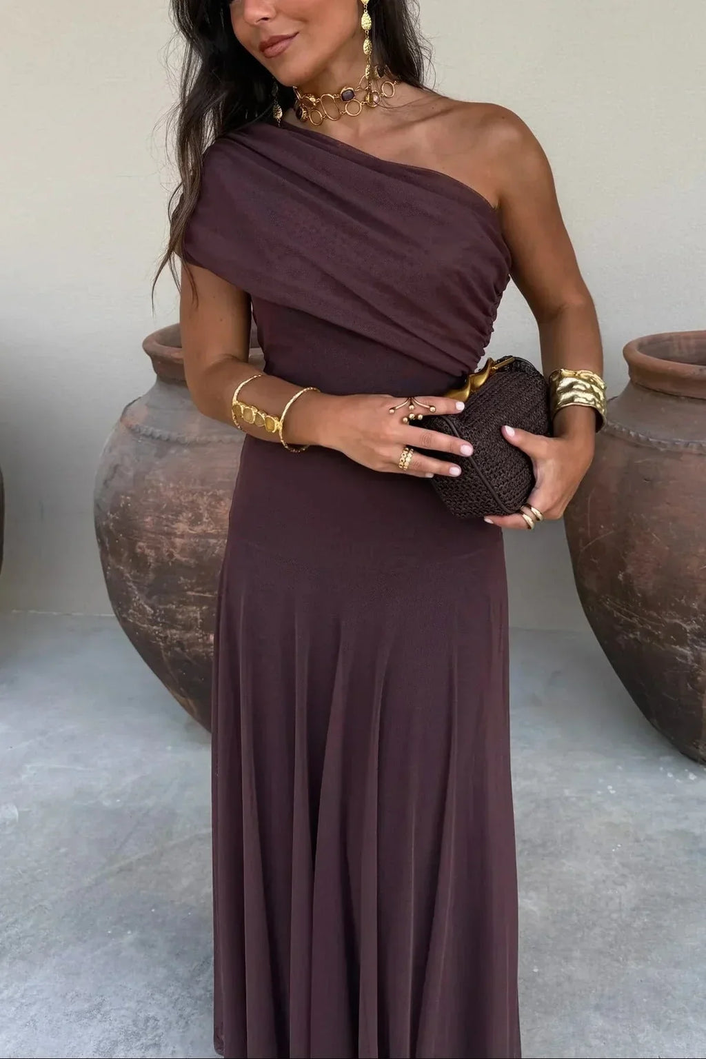 Women's Pleated One-Shoulder Maxi Wedding Guest Dress - Brown