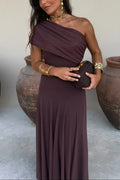 Women's Pleated One-Shoulder Maxi Wedding Guest Dress - Brown