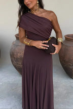 Women's Pleated One-Shoulder Maxi Wedding Guest Dress - Brown