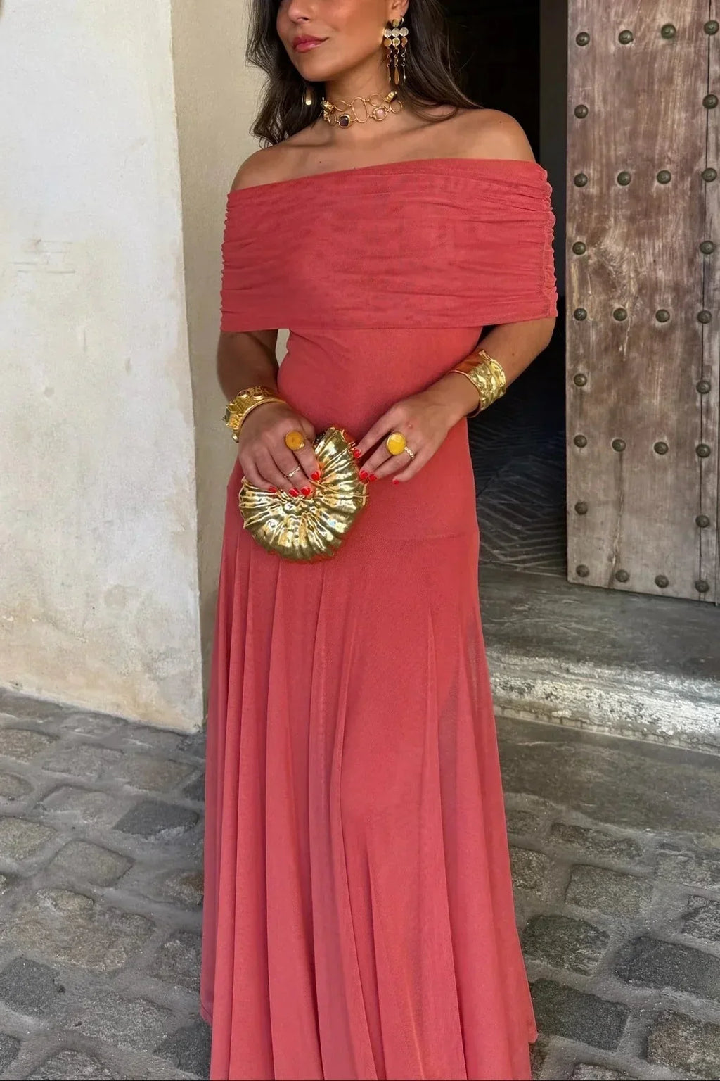 Women's Pleated One-Shoulder Maxi Wedding Guest Dress - Red