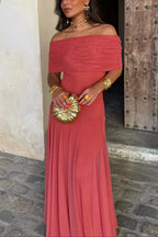Women's Pleated One-Shoulder Maxi Wedding Guest Dress - Red