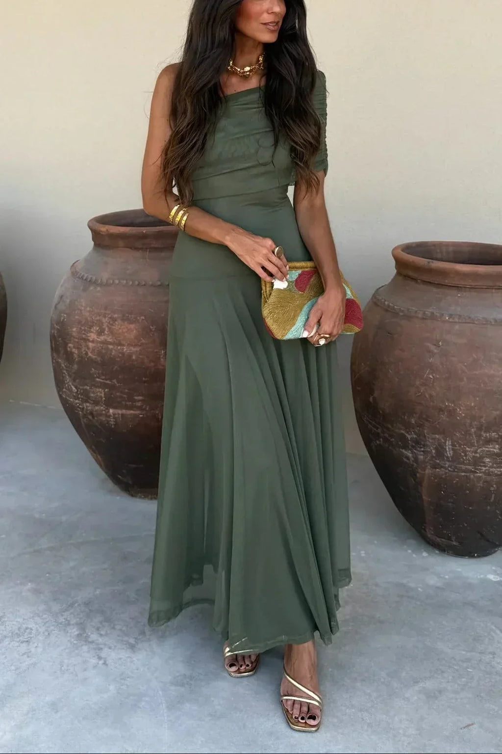 Women's Pleated One-Shoulder Maxi Wedding Guest Dress - Green