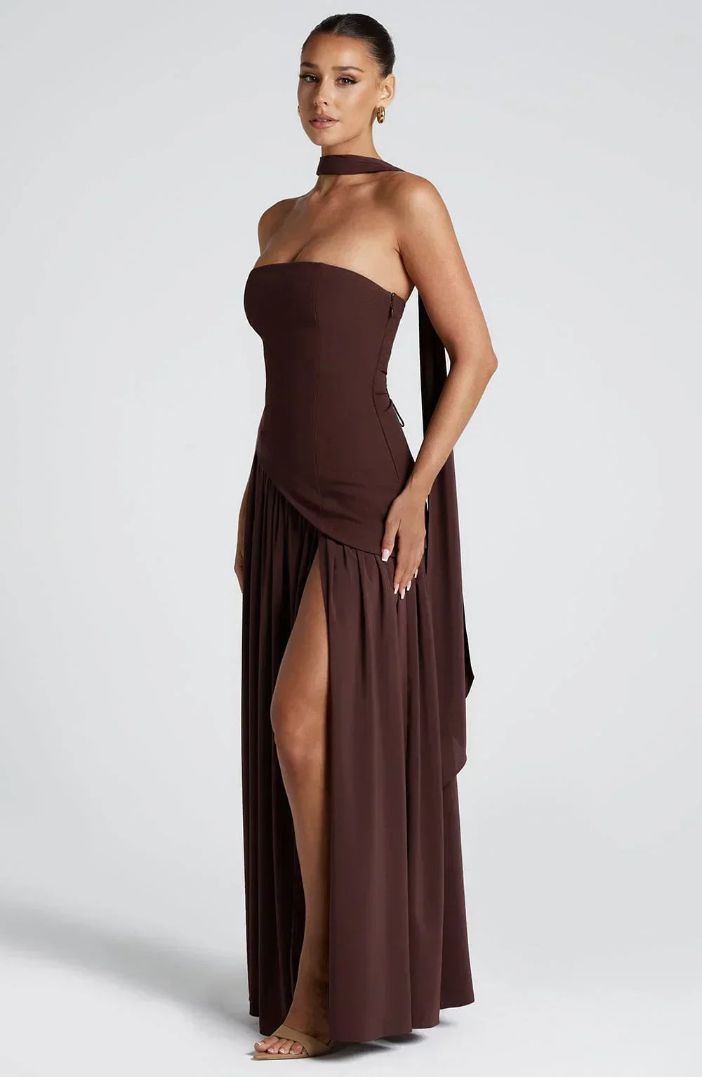 Women's Strapless Corset Wedding Guest Maxi Dress with High Slit