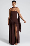 Women's Strapless Corset Wedding Guest Maxi Dress with High Slit - Brown
