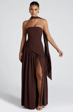 Women's Strapless Corset Wedding Guest Maxi Dress with High Slit - Brown