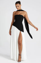 Women's Strapless Corset Wedding Guest Maxi Dress with High Slit