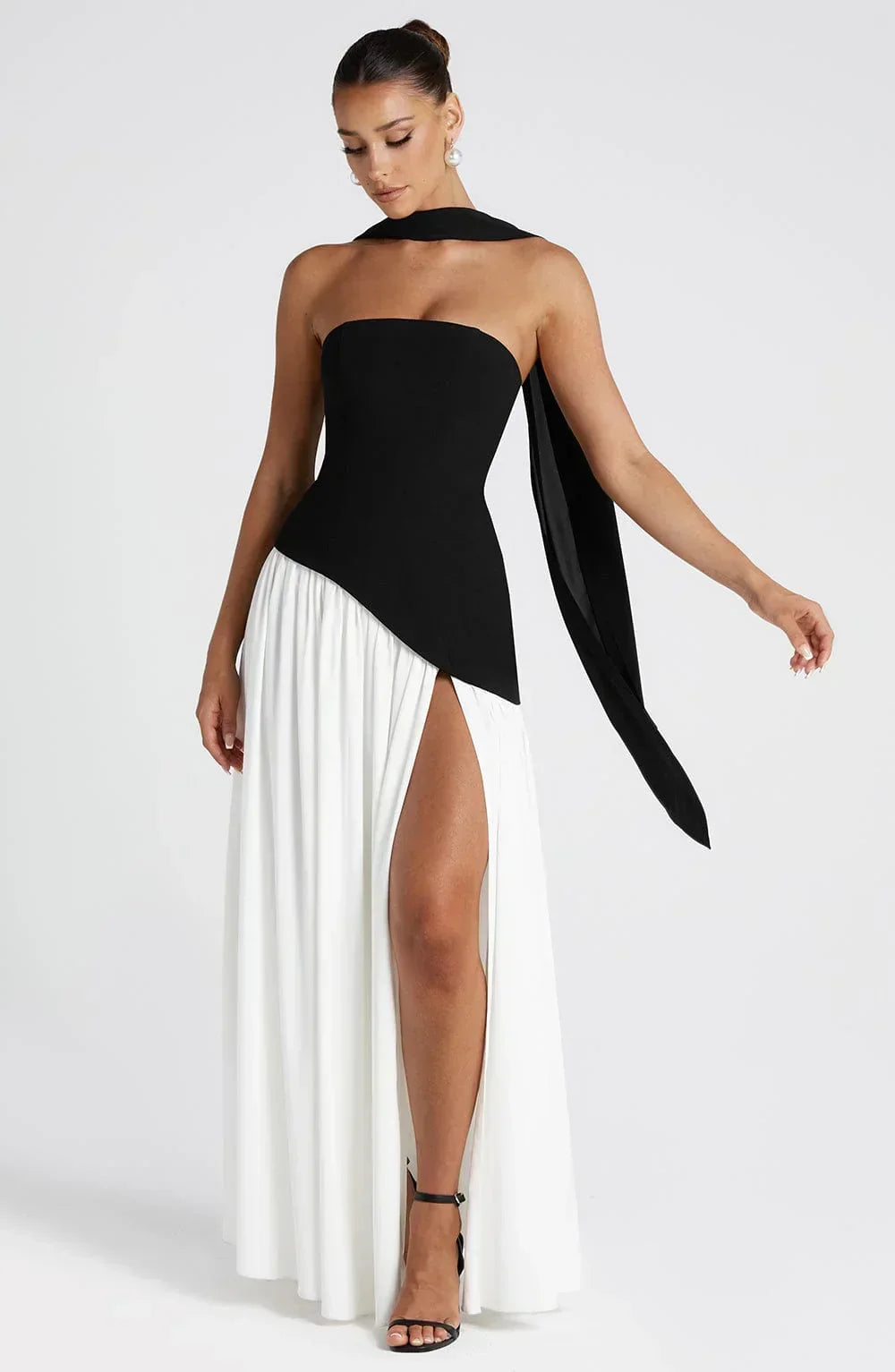 Women's Strapless Corset Wedding Guest Maxi Dress with High Slit