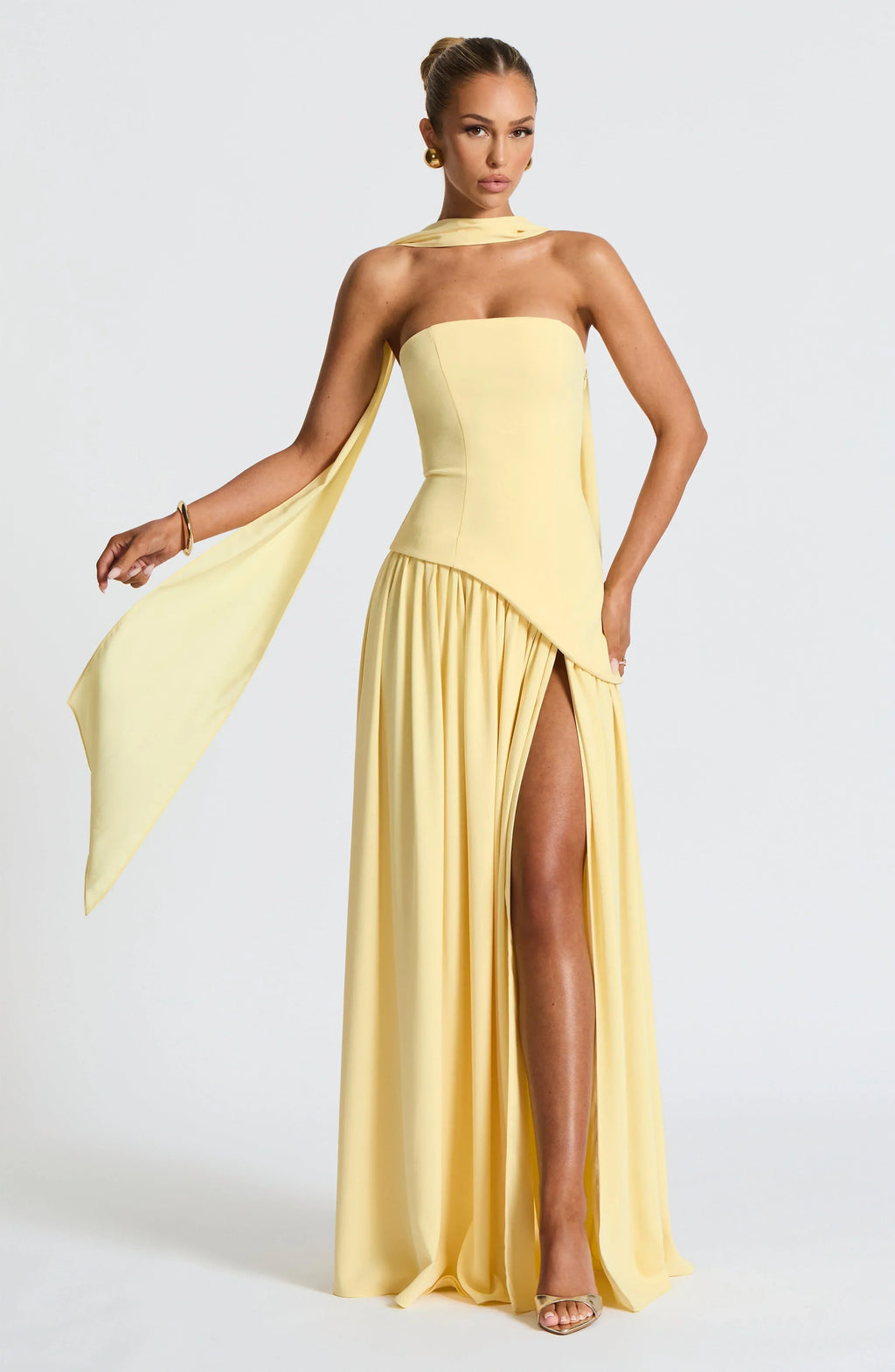 Women's Strapless Corset Wedding Guest Maxi Dress with High Slit