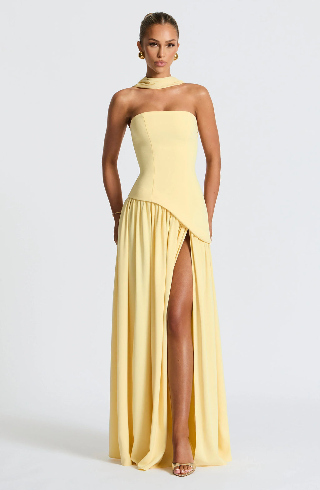 Women's Strapless Corset Wedding Guest Maxi Dress with High Slit - Lemon Yellow