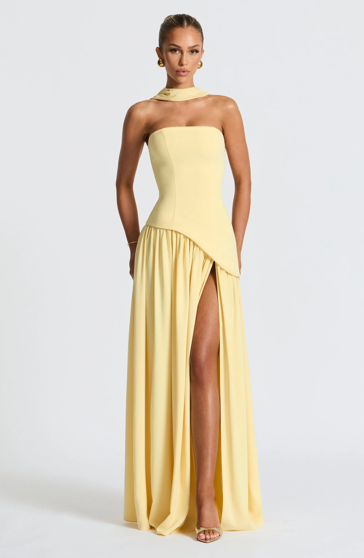 Women's Strapless Corset Wedding Guest Maxi Dress with High Slit - Lemon Yellow