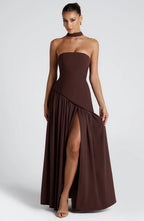 Women's Strapless Corset Wedding Guest Maxi Dress with High Slit