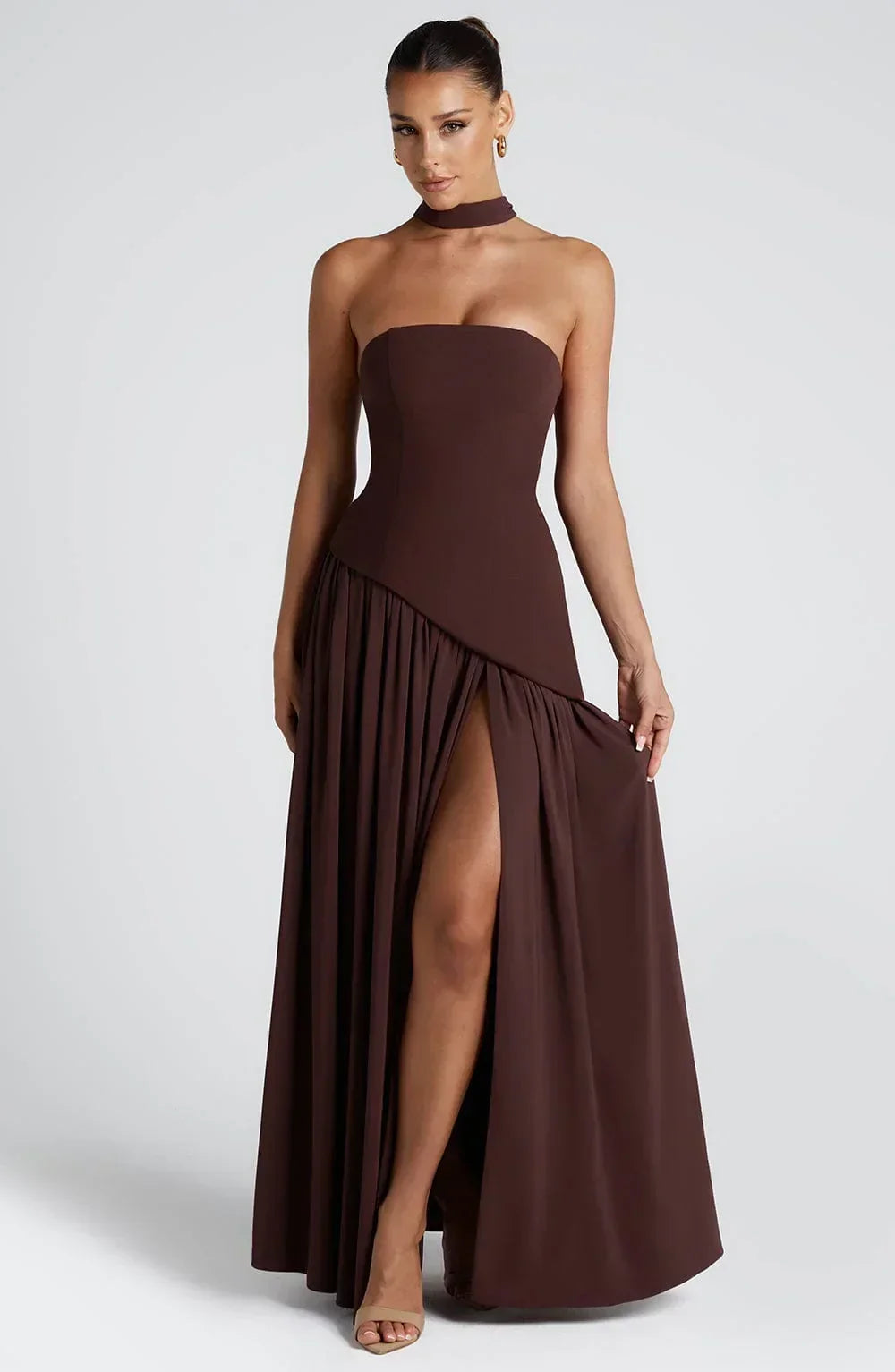 Women's Strapless Corset Wedding Guest Maxi Dress with High Slit