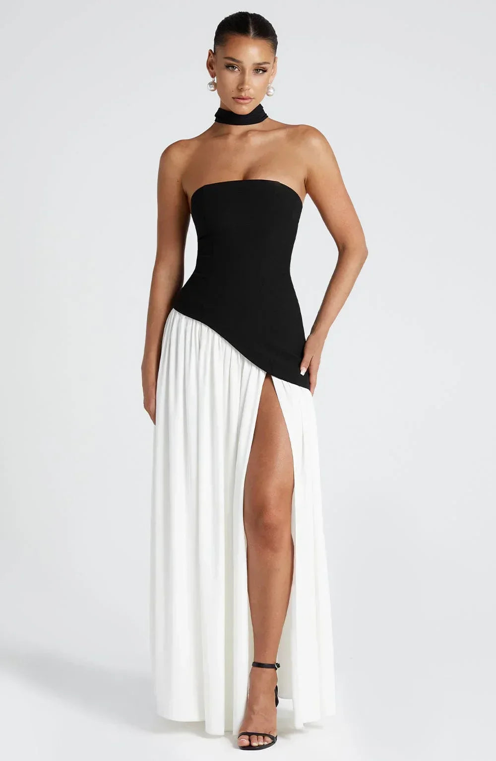 Women's Strapless Corset Wedding Guest Maxi Dress with High Slit - Black