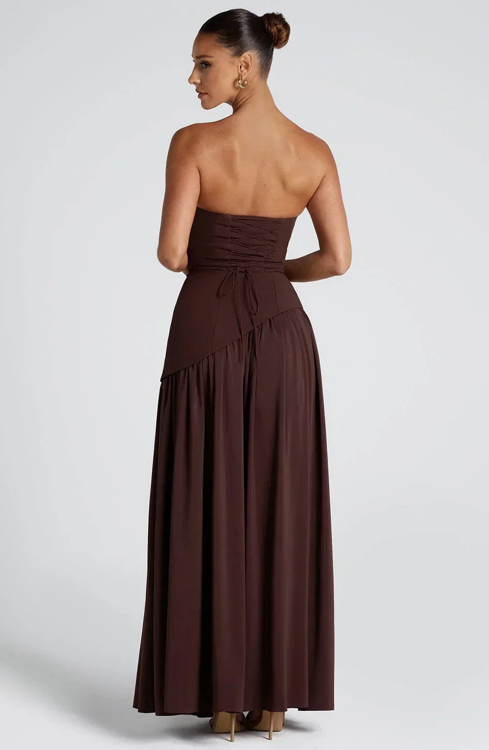 Women's Strapless Corset Wedding Guest Maxi Dress with High Slit