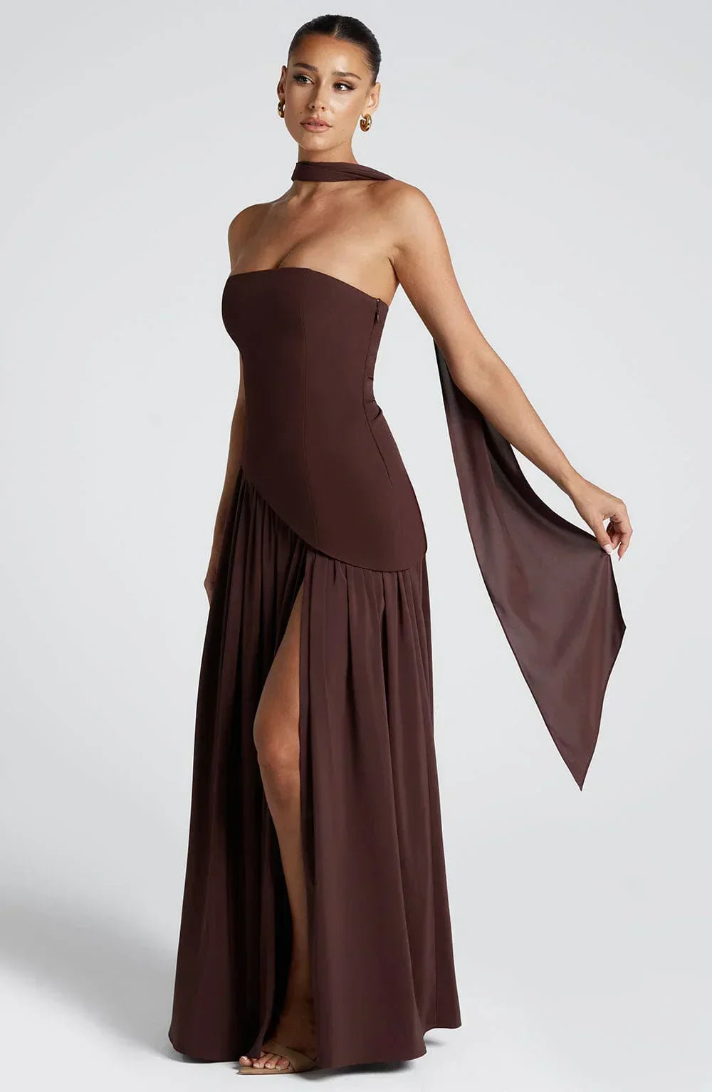 Women's Strapless Corset Wedding Guest Maxi Dress with High Slit
