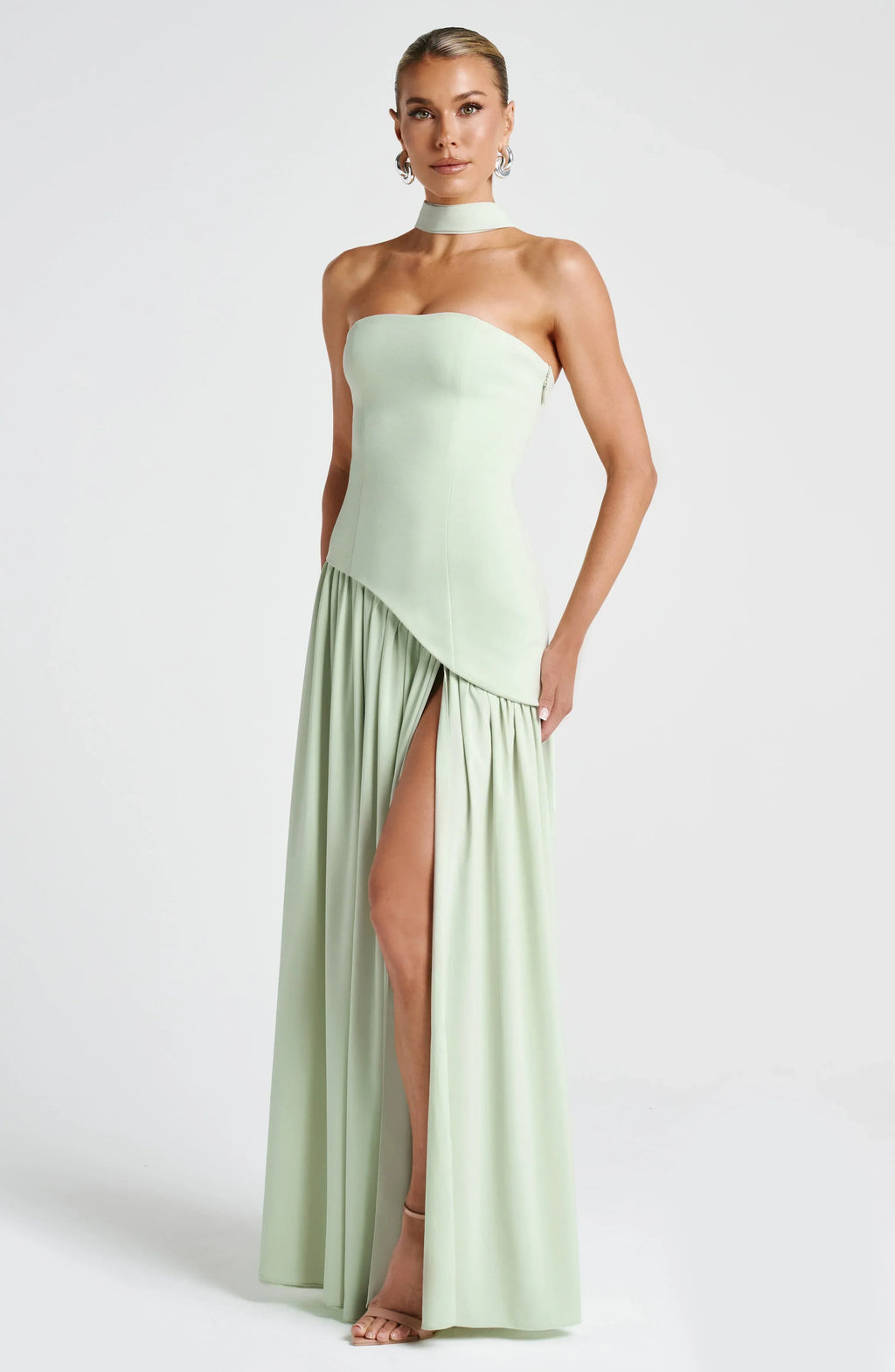 Women's Strapless Corset Wedding Guest Maxi Dress with High Slit