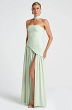 Women's Strapless Corset Wedding Guest Maxi Dress with High Slit