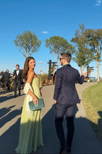Women's Elegant Green Pleated Wedding Guest Maxi Dress