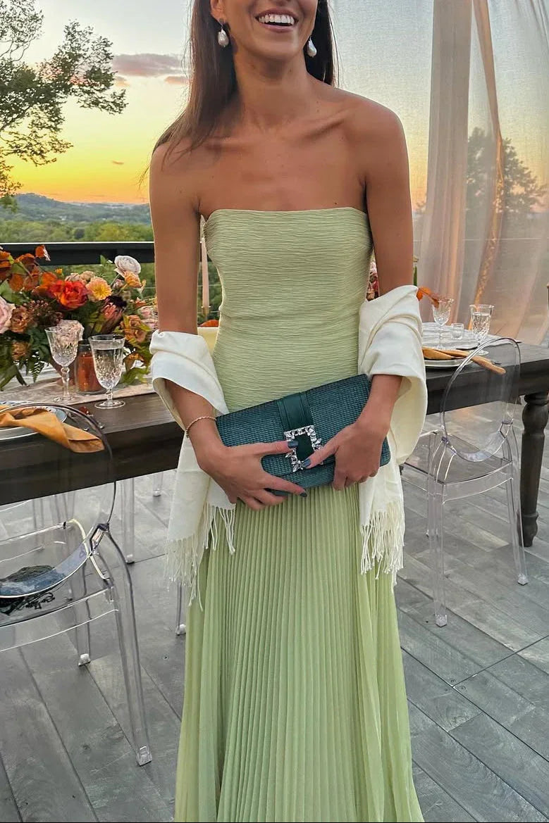 Women's Elegant Green Pleated Wedding Guest Maxi Dress