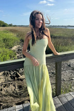 Women's Elegant Green Pleated Wedding Guest Maxi Dress