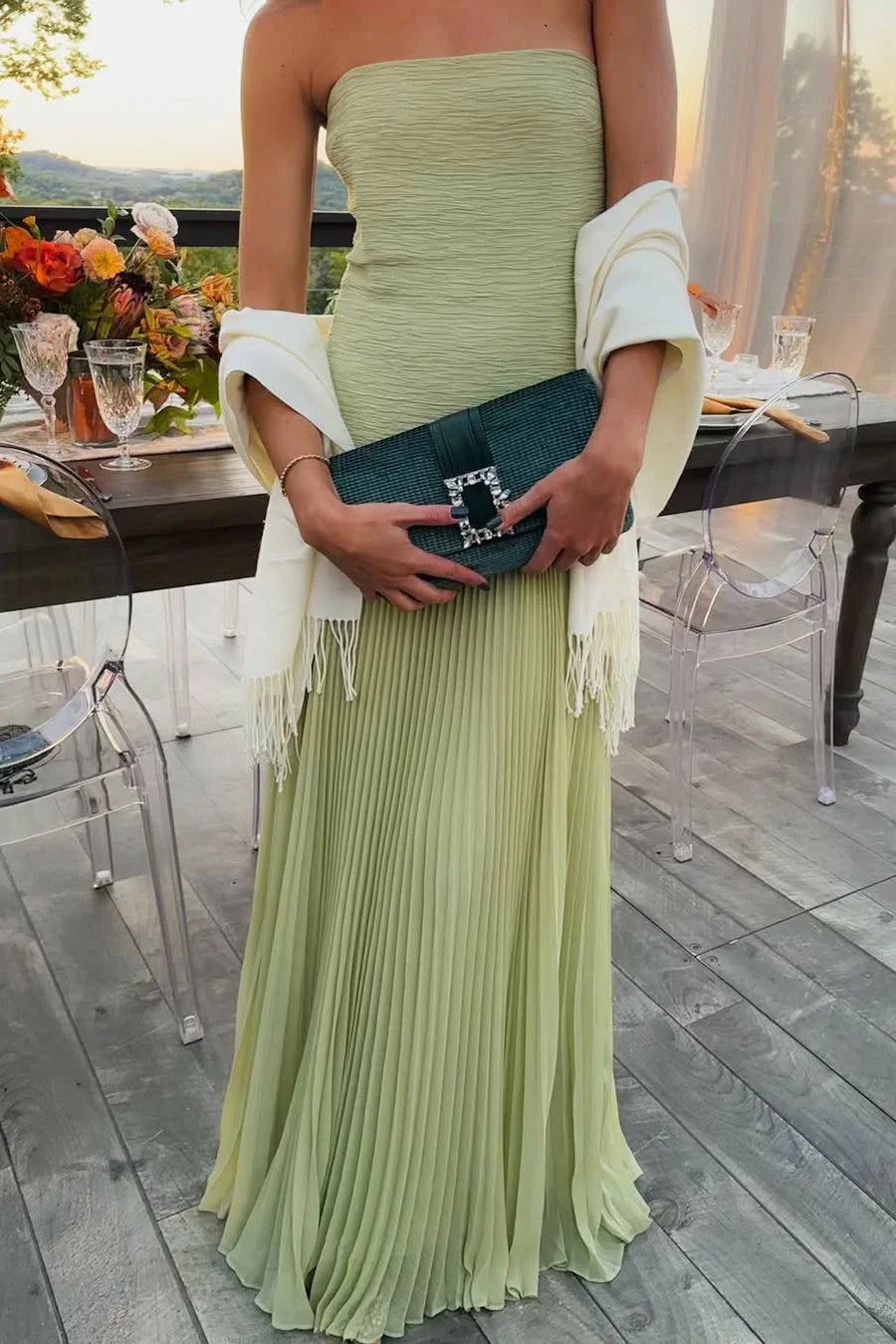 Women's Elegant Green Pleated Wedding Guest Maxi Dress - Green