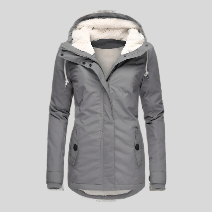 Women's Waterproof Hooded Parka with Sherpa Lining - Gray