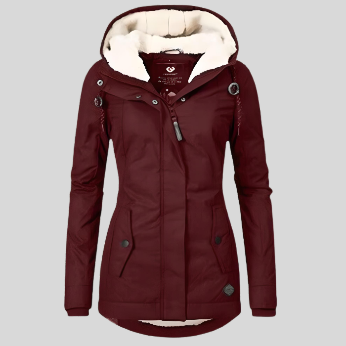 Women's Waterproof Hooded Parka with Sherpa Lining - Burgundy